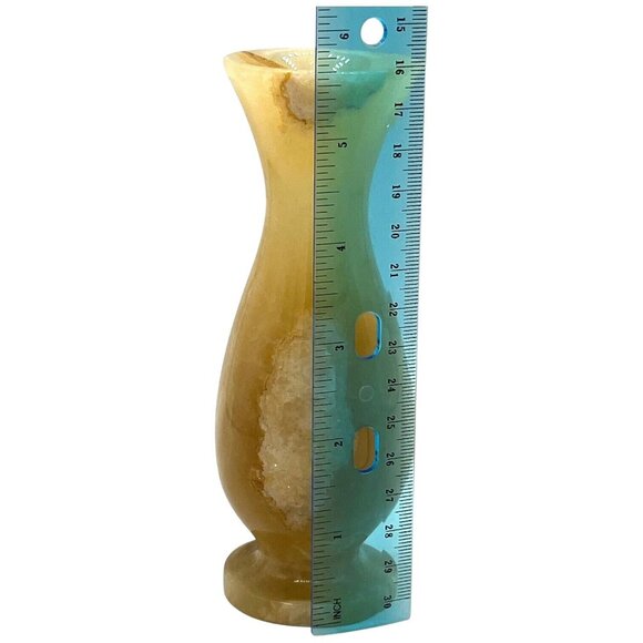 Vtg Turkish Carved Marble Onyx Stone Short Stem Vase Amber Tones Decor 5.5" Tall - Picture 7 of 8